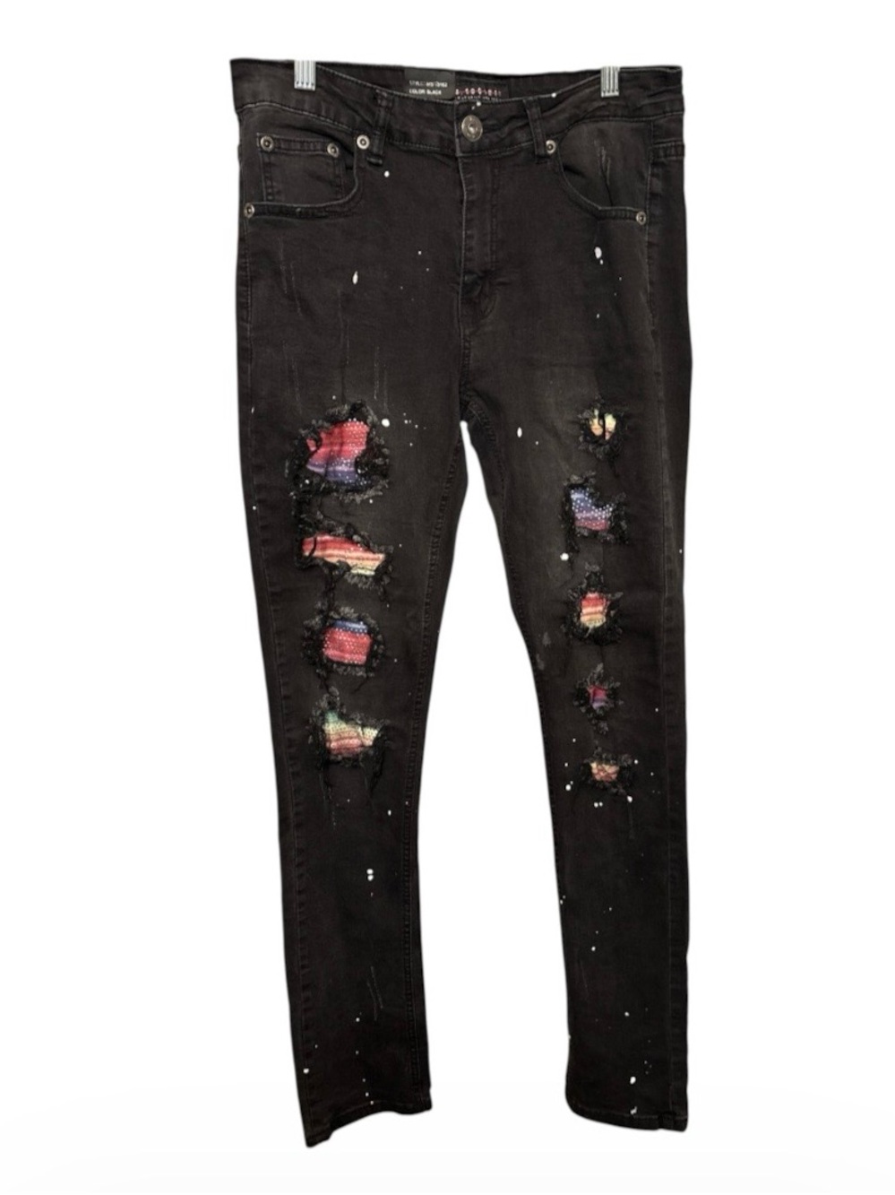 Men's Black Skinny Jeans with Multicolor Patch Distressing